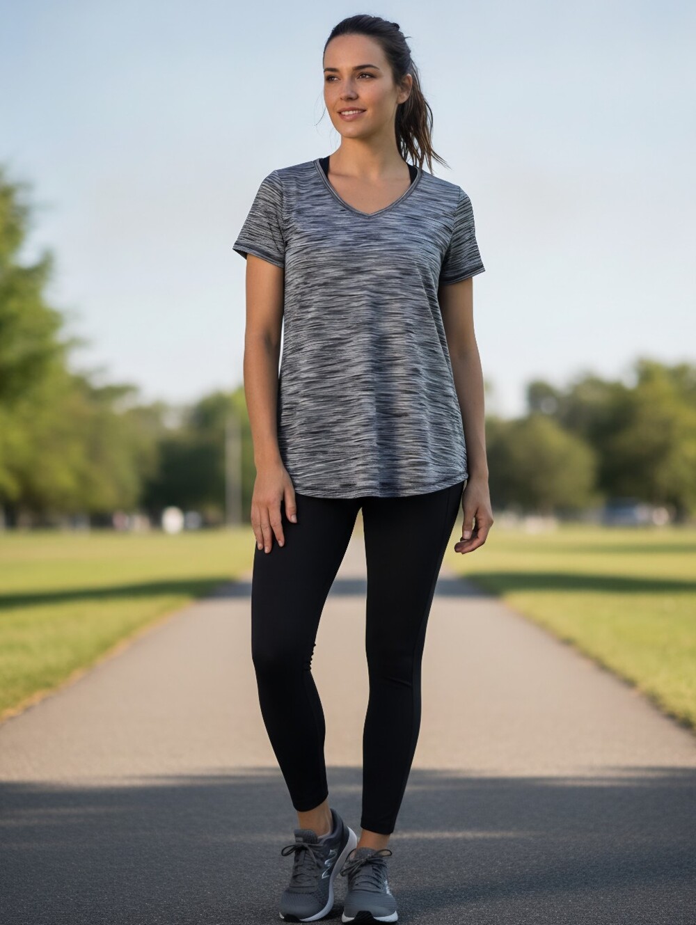 Xersion Women's Charcoal Space-Dye V-Neck Short Sleeve Top